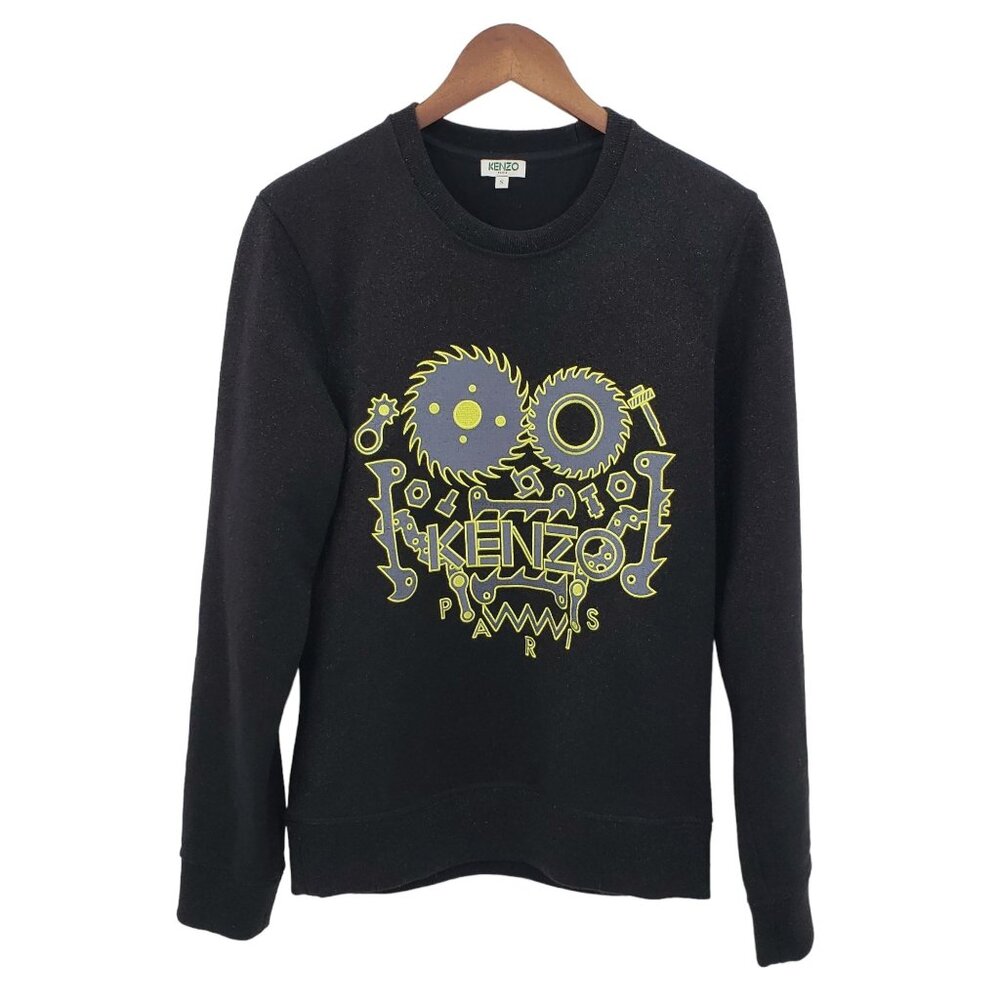 Kenzo Paris Embroidered Graphicโ Gear Face Logo Black Sweatshirt Designer New S